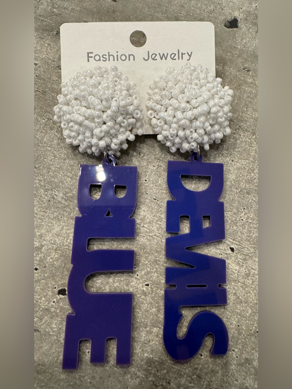 NEW Duke “BLUE DEVILS” Dangle Statement Earrings, White Beaded in Duke Blue